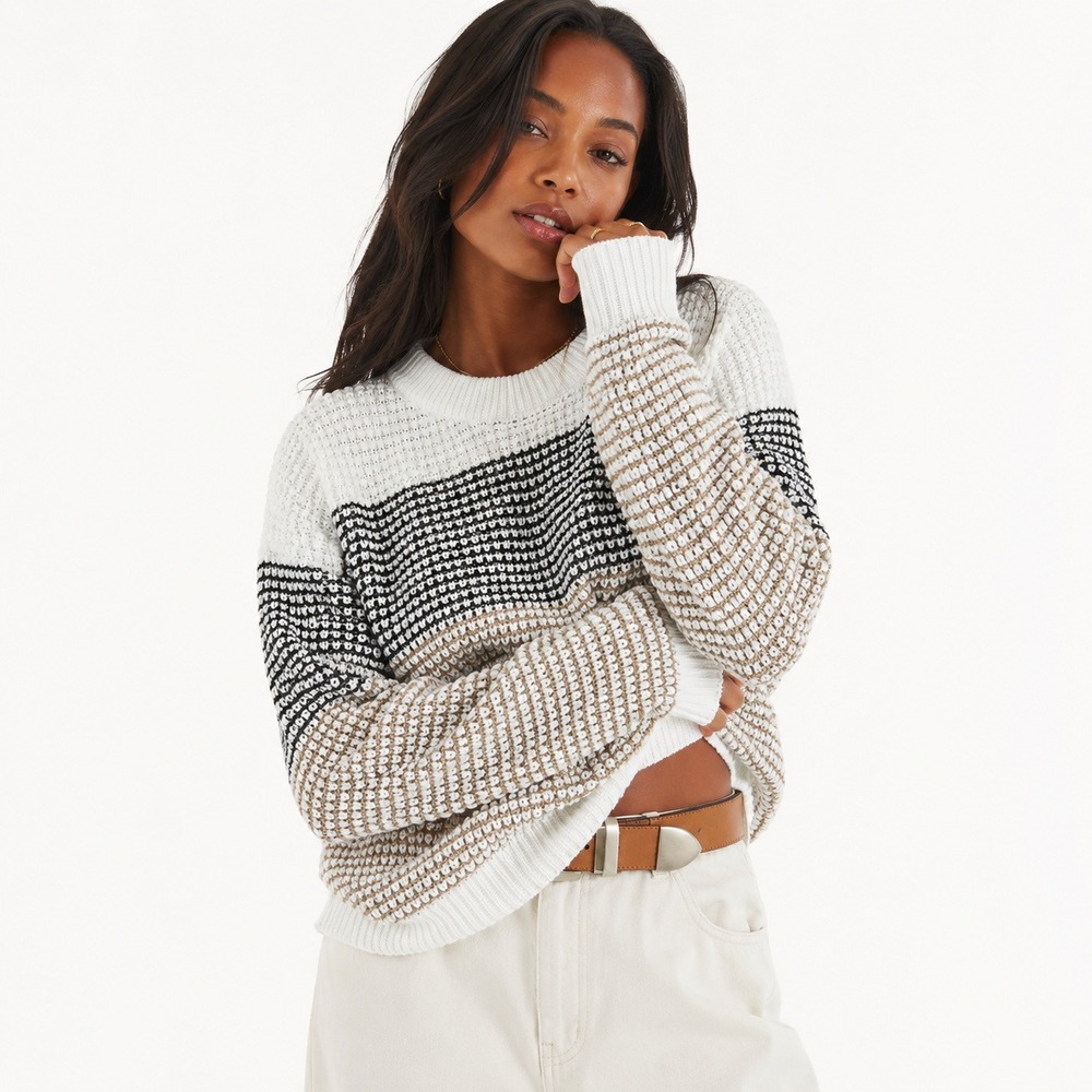 NWT Absolutely Creative Worldwide Striped Open Knit Sweater Natural Boho Size S